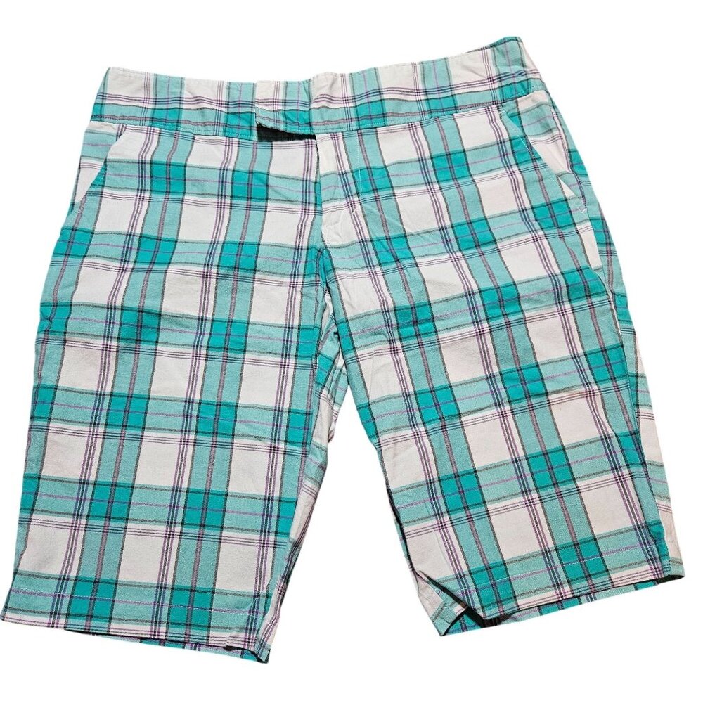 Roxy Womens Turquoise & White Plaid Bermuda Shorts Size 8 Cotton Blend